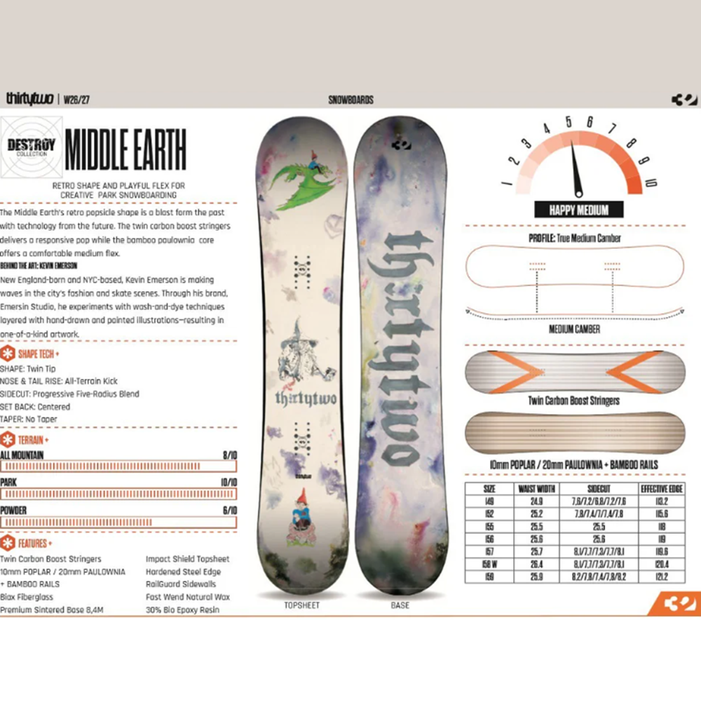 ThirtyTwo 32 Middle Earth Scott Stevens Pro Snowboard 2027 White 155