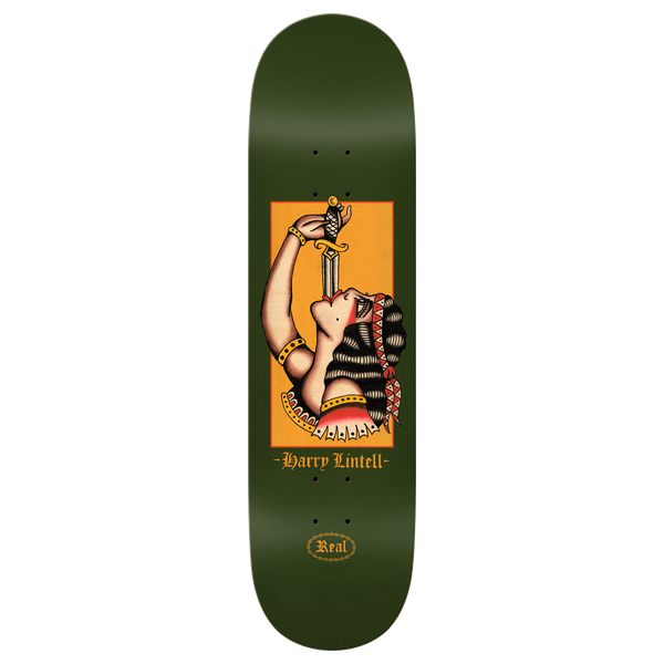 REAL LINTELL SWORD SWALLOWER SKATEBOARD DECK-8.38 TF DK GRN w/grip