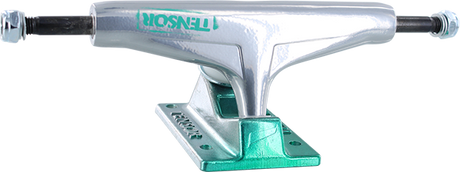TENSOR REG ALUM 5.5 STENCIL MIRROR RAW/GRN FADE TRUCKS SET