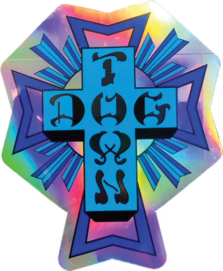 DOGTOWN 80'S CROSS LOGO DECAL 4" BLUE HOLOGRAPHIC