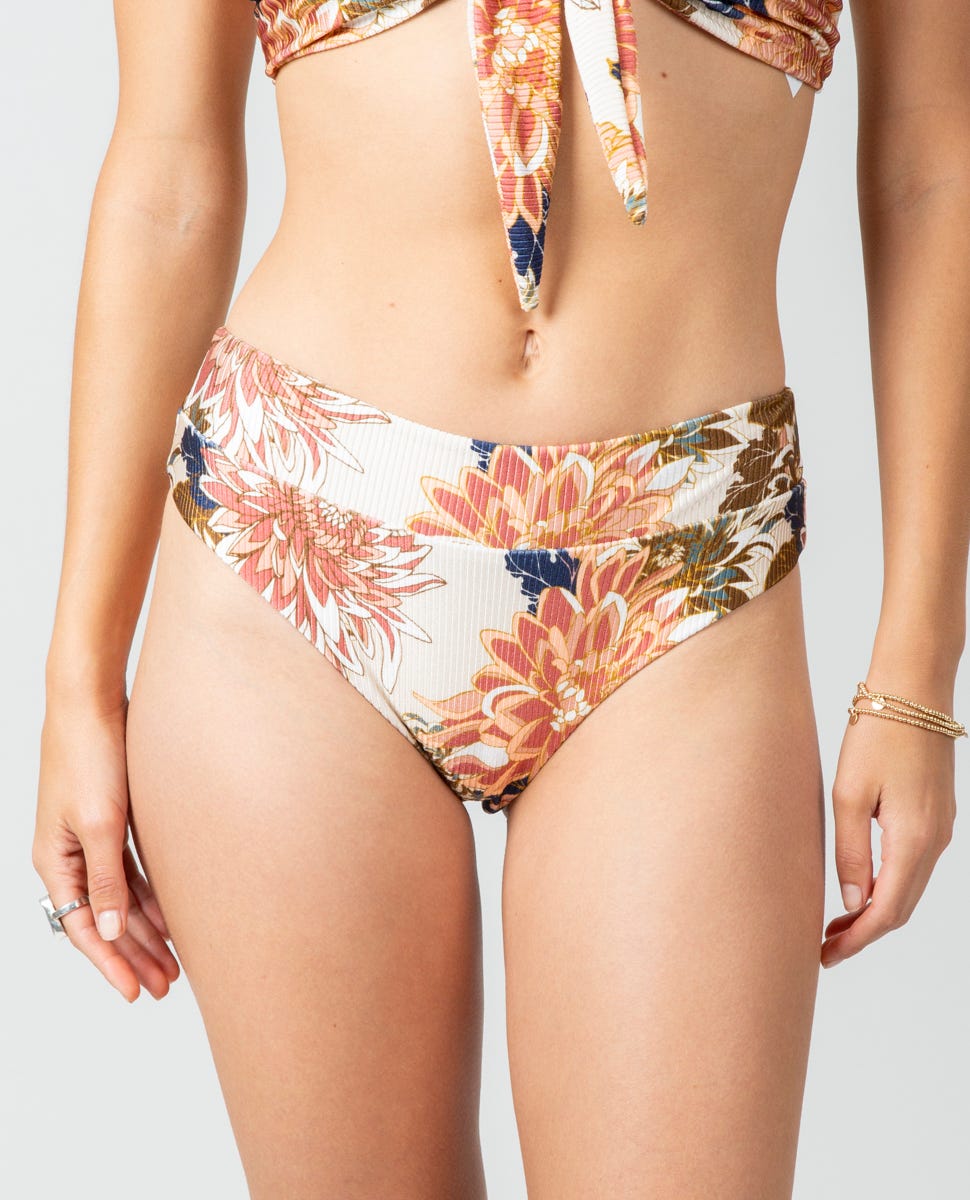 Rip Curl Sunsetters Floral High Waisted Cheeky Bikini Bottoms Natural XS