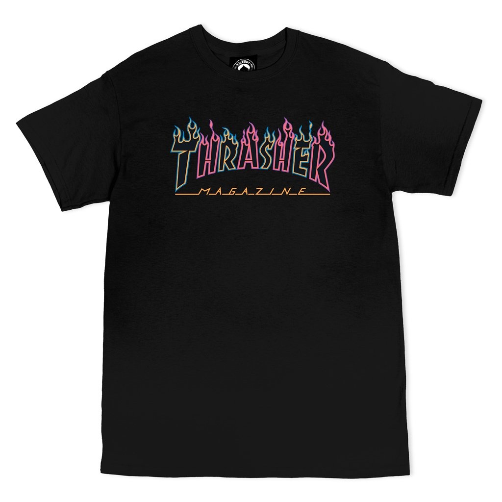 Thrasher Double Flame Neon SS Tshirt Black Blue Pink S