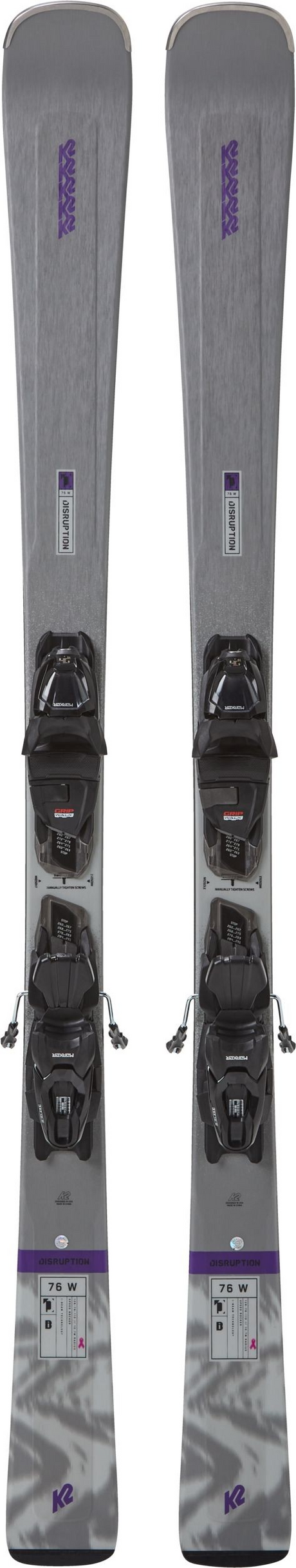 K2 Disruption 76 Womens QuickClick Ski Binding Combo Grey Purple 156