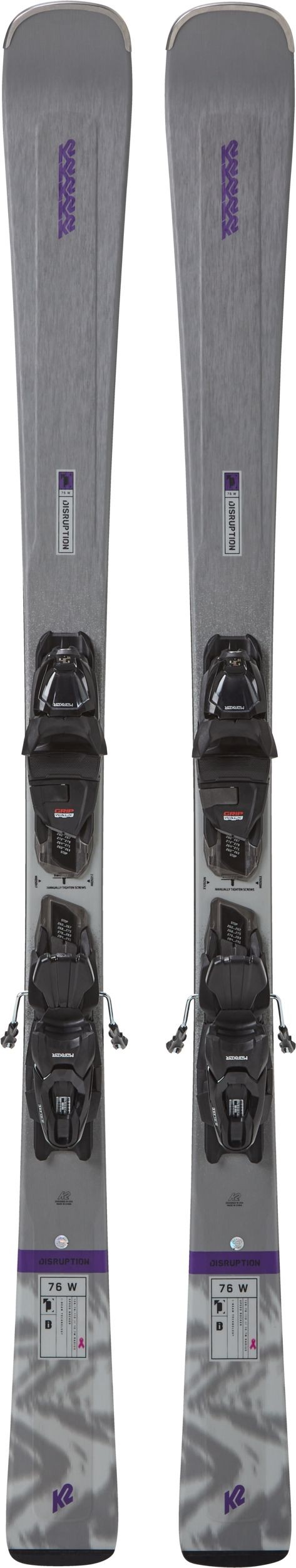 K2 Disruption 76 Womens QuickClick Ski Binding Combo Grey Purple 156