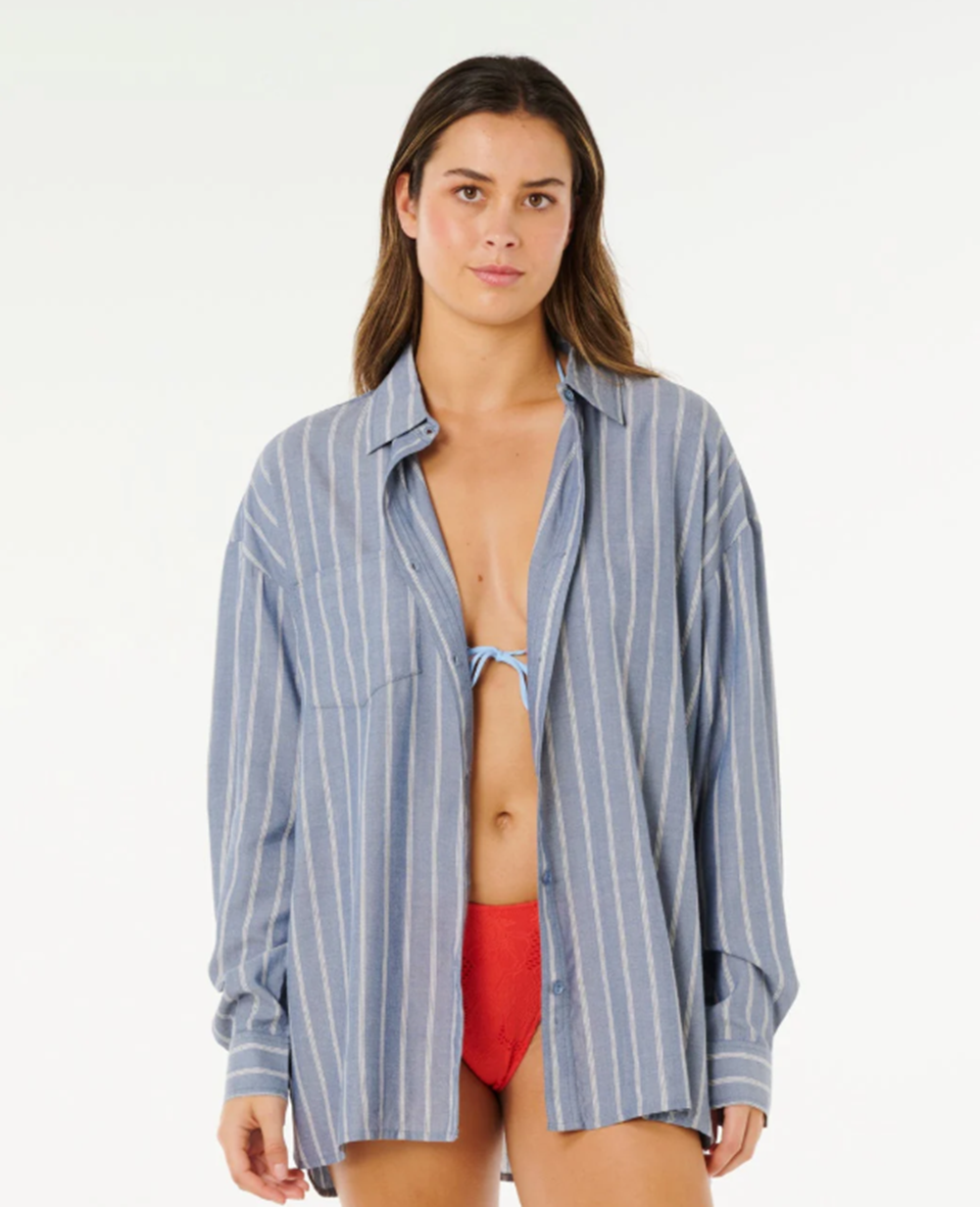 Rip Curl Beach Days Pinstrip Button Up Dusty Blue