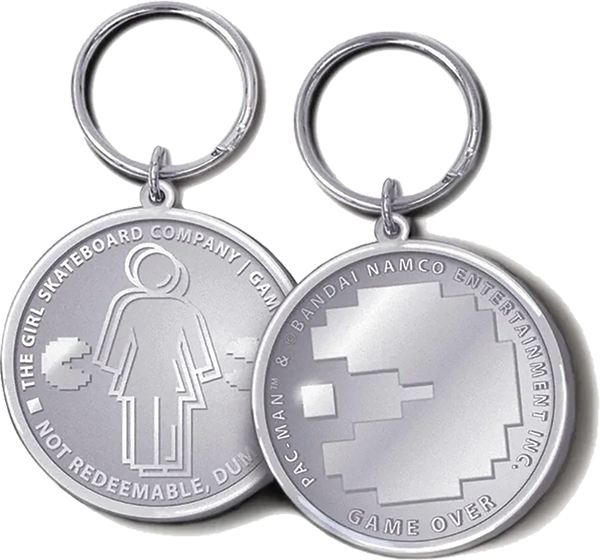 GIRL PAC-MAN GAME TOKEN KEYCHAIN SILVER