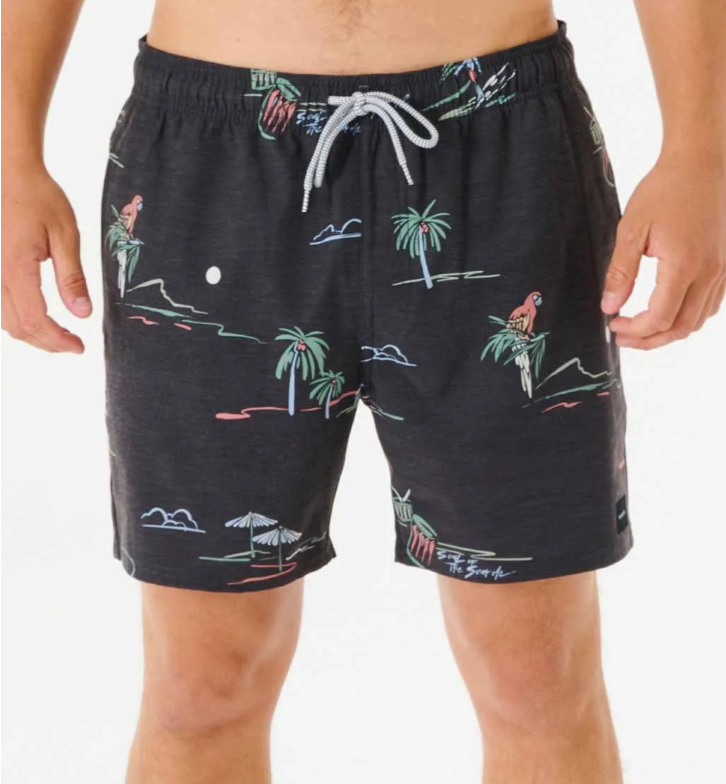 Rip Curl Party Pack Volley Mens Elastic Shorts Black Print